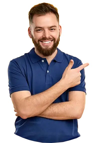 Nice Guy smiling and pointing towards good results
